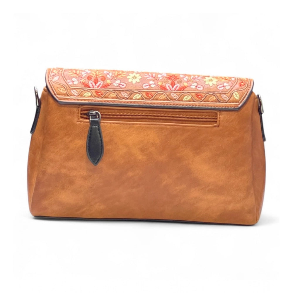 Generic Women's Polyurethane Floral Embroidered Crossbody Sling Bag with Adjustable &amp; Removable Strap (Tan)