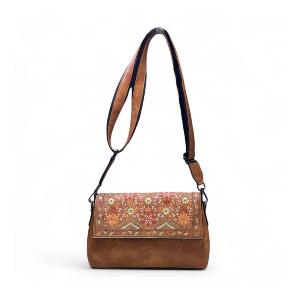 Generic Women's Polyurethane Floral Embroidered Crossbody Sling Bag with Adjustable &amp; Removable Strap (Tan)