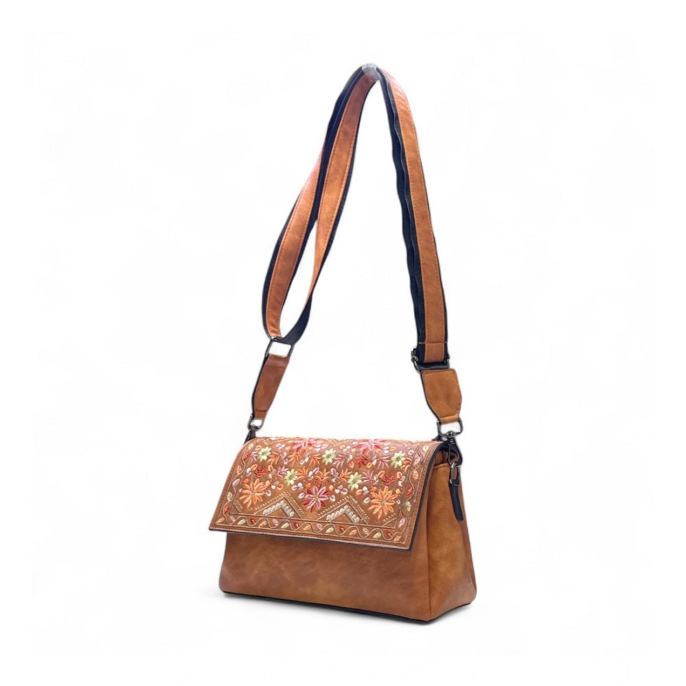 Generic Women's Polyurethane Floral Embroidered Crossbody Sling Bag with Adjustable &amp; Removable Strap (Tan)