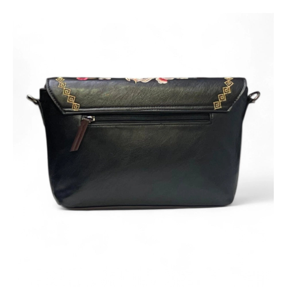 Generic Women's Polyurethane Floral Embroidered Crossbody Sling Bag with Adjustable &amp; Removable Strap (Black)