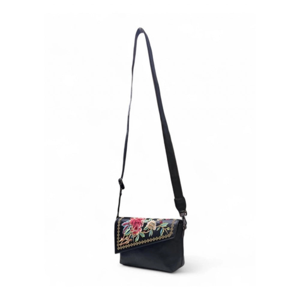 Generic Women's Polyurethane Floral Embroidered Crossbody Sling Bag with Adjustable &amp; Removable Strap (Black)