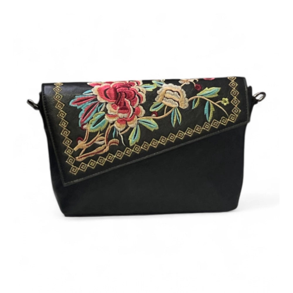 Generic Women's Polyurethane Floral Embroidered Crossbody Sling Bag with Adjustable &amp; Removable Strap (Black)