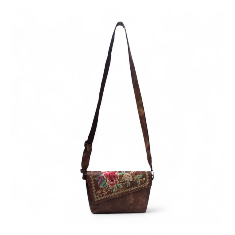 Generic Women's Polyurethane Floral Embroidered Crossbody Sling Bag with Adjustable &amp; Removable Strap (Brown)