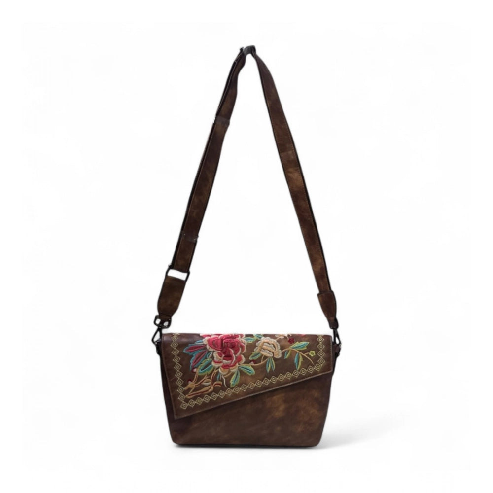 Generic Women's Polyurethane Floral Embroidered Crossbody Sling Bag with Adjustable &amp; Removable Strap (Brown)