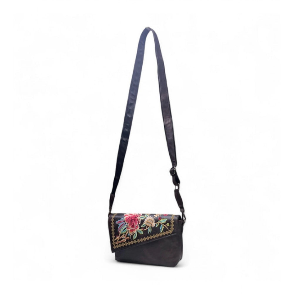 Generic Women's Polyurethane Floral Embroidered Crossbody Sling Bag with Adjustable &amp; Removable Strap (Coffee)