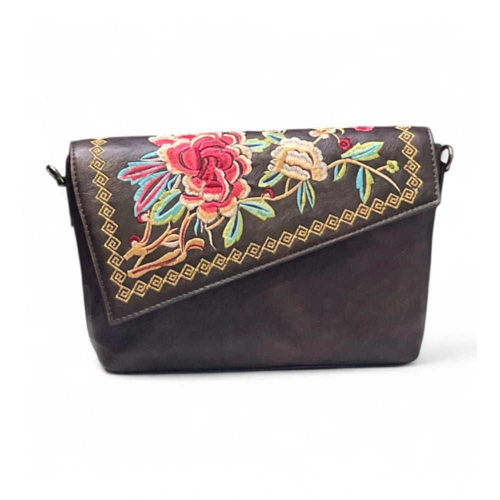 Generic Women's Polyurethane Floral Embroidered Crossbody Sling Bag with Adjustable &amp; Removable Strap (Coffee)