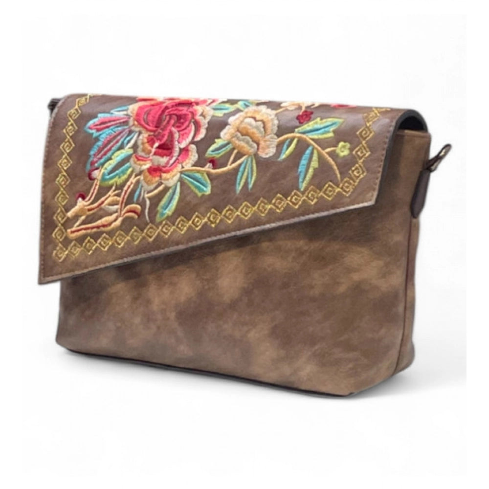 Generic Women's Polyurethane Floral Embroidered Crossbody Sling Bag with Adjustable &amp; Removable Strap (Dark Brown)