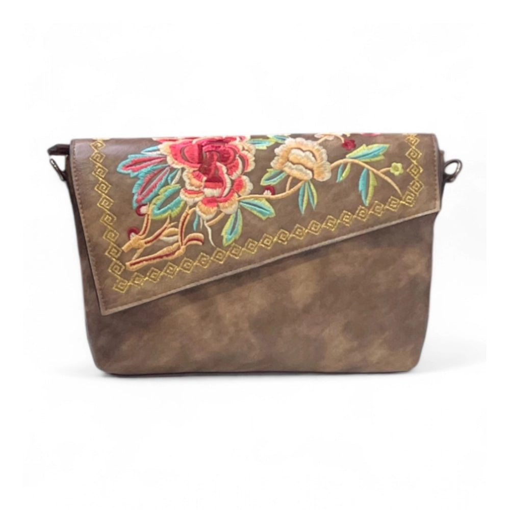 Generic Women's Polyurethane Floral Embroidered Crossbody Sling Bag with Adjustable &amp; Removable Strap (Dark Brown)