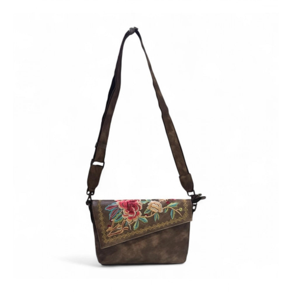 Generic Women's Polyurethane Floral Embroidered Crossbody Sling Bag with Adjustable &amp; Removable Strap (Dark Brown)