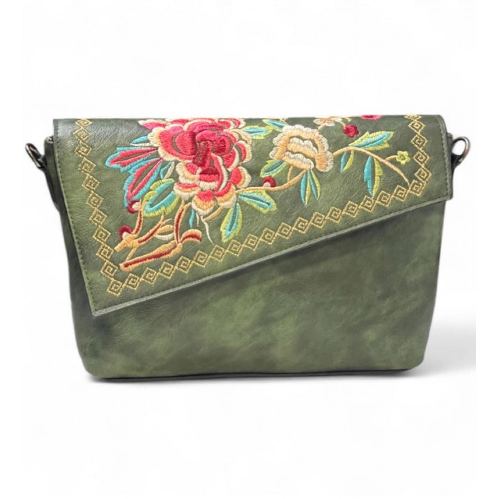 Generic Women's Polyurethane Floral Embroidered Crossbody Sling Bag with Adjustable &amp; Removable Strap (Green)