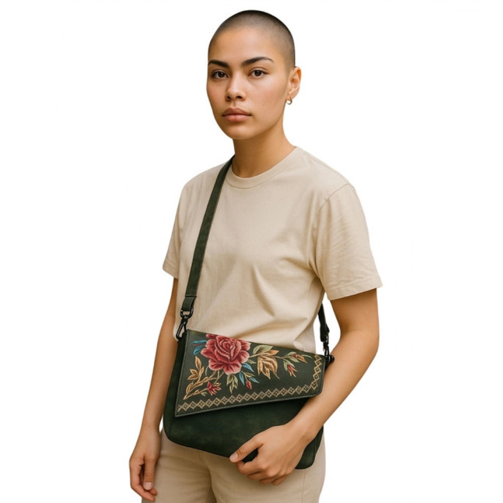 Generic Women's Polyurethane Floral Embroidered Crossbody Sling Bag with Adjustable &amp; Removable Strap (Green)