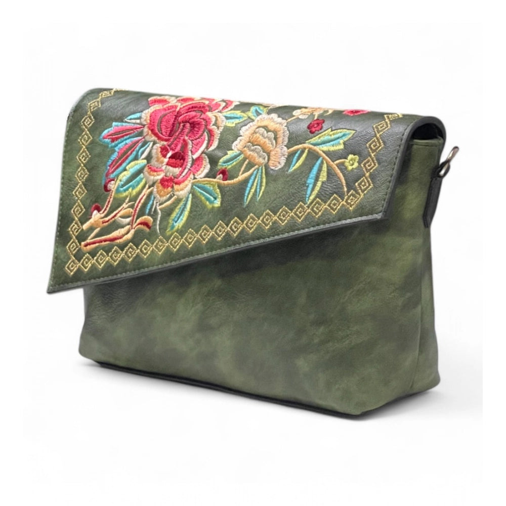 Generic Women's Polyurethane Floral Embroidered Crossbody Sling Bag with Adjustable &amp; Removable Strap (Green)