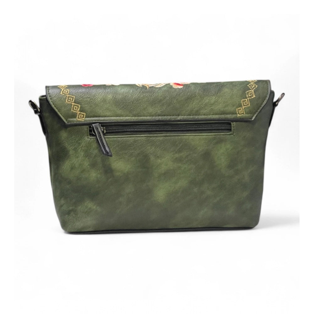 Generic Women's Polyurethane Floral Embroidered Crossbody Sling Bag with Adjustable &amp; Removable Strap (Green)