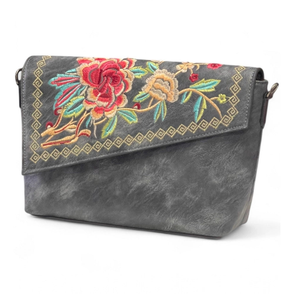 Generic Women's Polyurethane Floral Embroidered Crossbody Sling Bag with Adjustable &amp; Removable Strap (Grey)