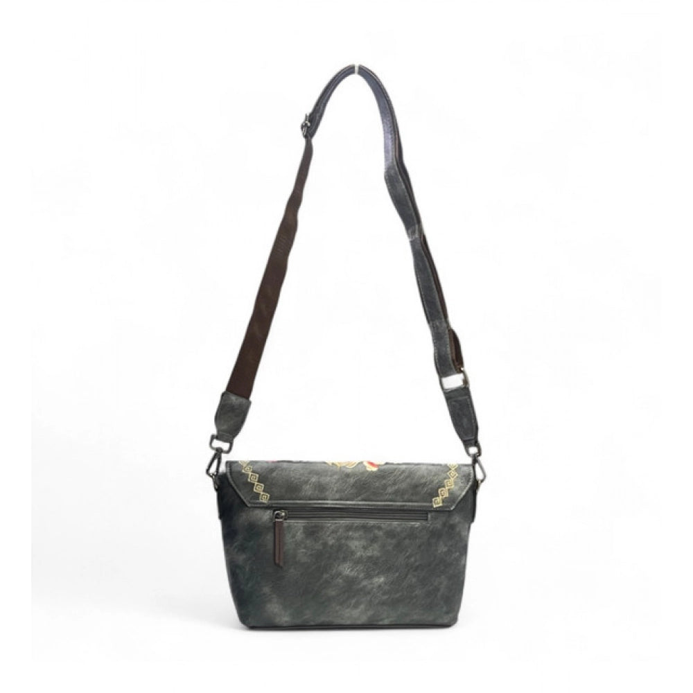 Generic Women's Polyurethane Floral Embroidered Crossbody Sling Bag with Adjustable &amp; Removable Strap (Grey)