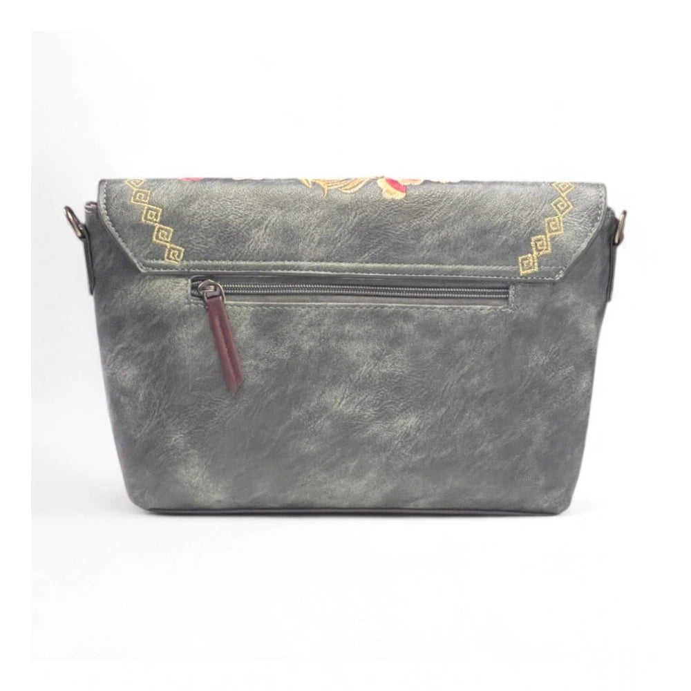 Generic Women's Polyurethane Floral Embroidered Crossbody Sling Bag with Adjustable &amp; Removable Strap (Grey)