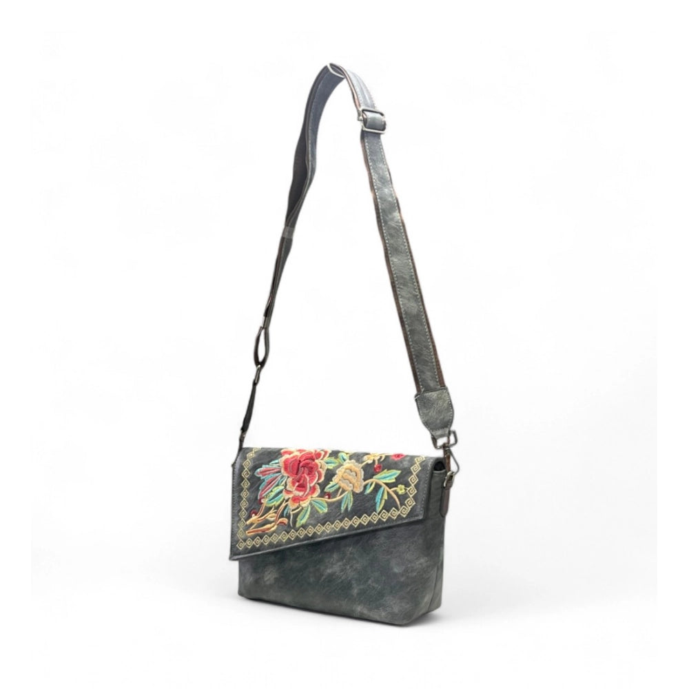 Generic Women's Polyurethane Floral Embroidered Crossbody Sling Bag with Adjustable &amp; Removable Strap (Grey)
