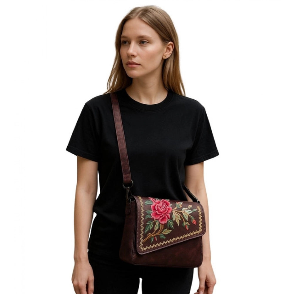 Generic Women's Polyurethane Floral Embroidered Crossbody Sling Bag with Adjustable &amp; Removable Strap (Red)