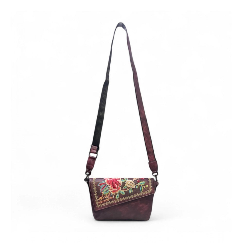 Generic Women's Polyurethane Floral Embroidered Crossbody Sling Bag with Adjustable &amp; Removable Strap (Red)
