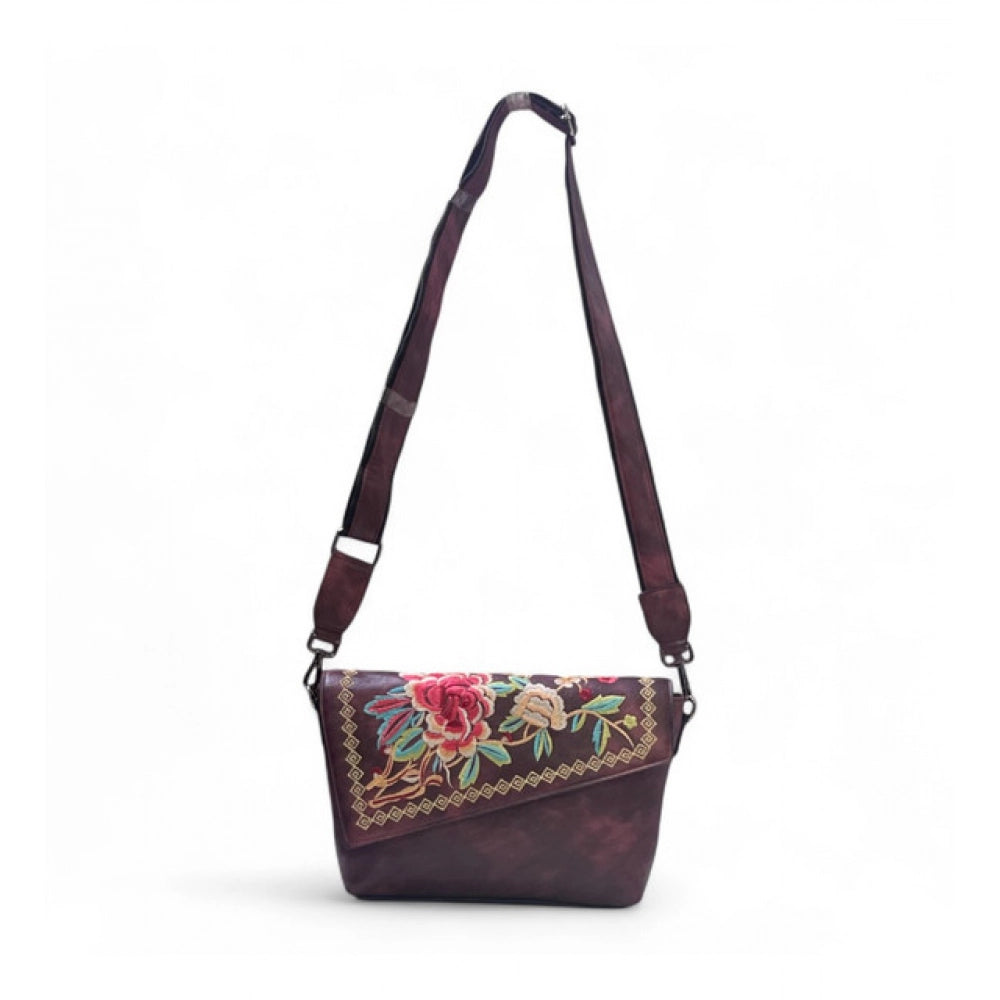 Generic Women's Polyurethane Floral Embroidered Crossbody Sling Bag with Adjustable &amp; Removable Strap (Red)