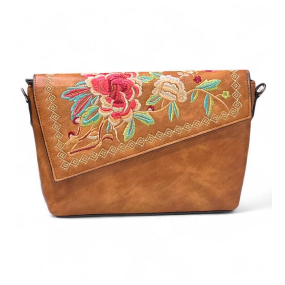 Generic Women's Polyurethane Floral Embroidered Crossbody Sling Bag with Adjustable &amp; Removable Strap (Tan)