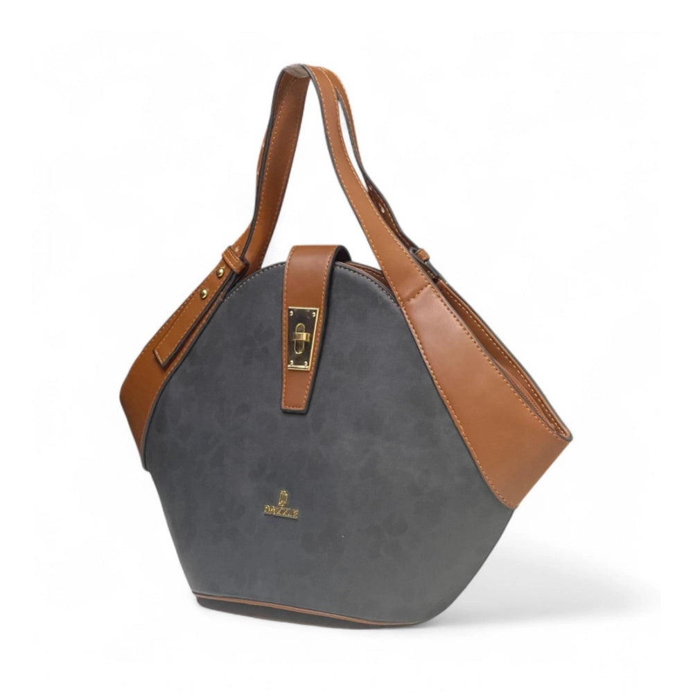 Generic Women's Polyurethane Floral Printed Hexagonal Satchel Handbag with Adjustable Strap (Charcoal Grey)