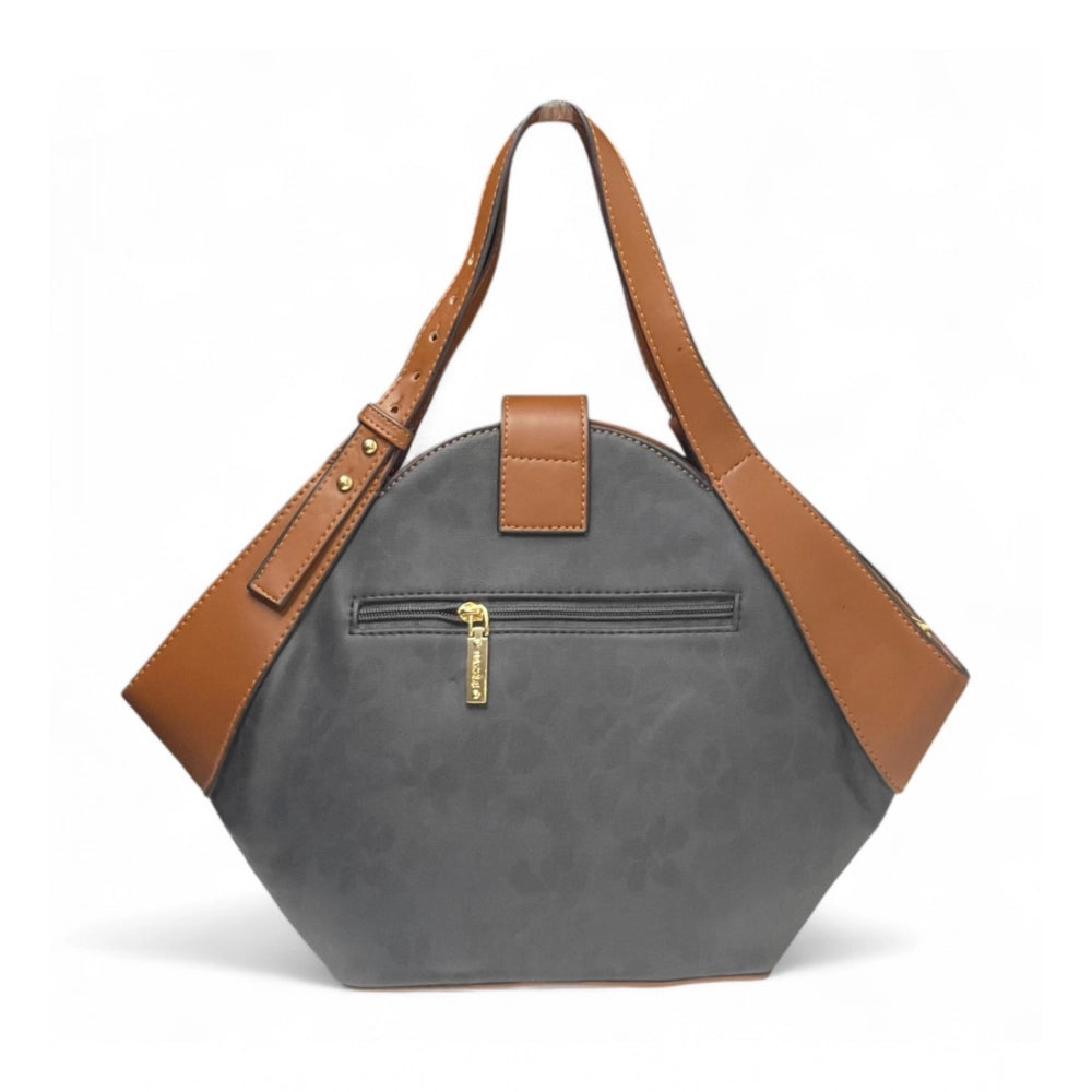 Generic Women's Polyurethane Floral Printed Hexagonal Satchel Handbag with Adjustable Strap (Charcoal Grey)