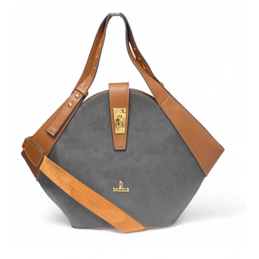 Generic Women's Polyurethane Floral Printed Hexagonal Satchel Handbag with Adjustable Strap (Charcoal Grey)