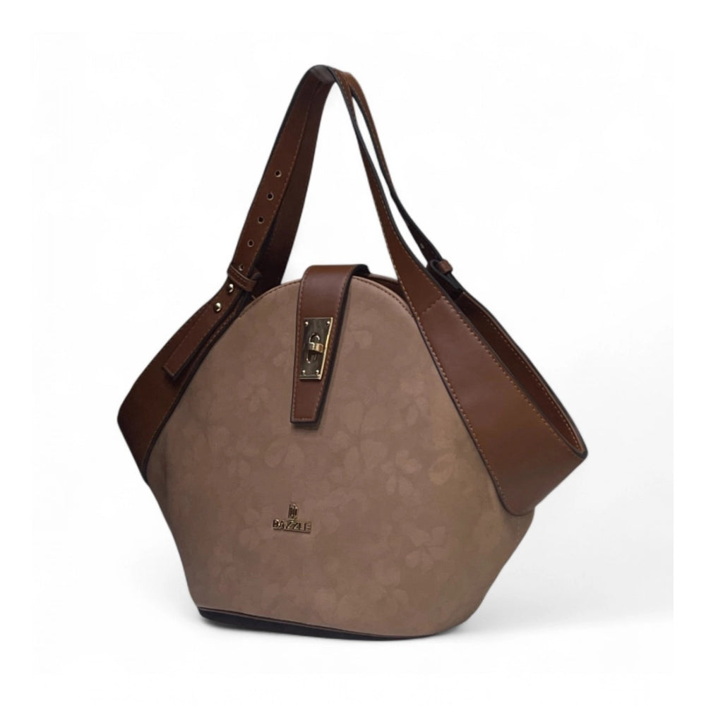 Generic Women's Polyurethane Floral Printed Hexagonal Satchel Handbag with Adjustable Strap (Brown)