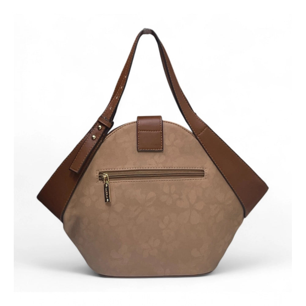 Generic Women's Polyurethane Floral Printed Hexagonal Satchel Handbag with Adjustable Strap (Brown)
