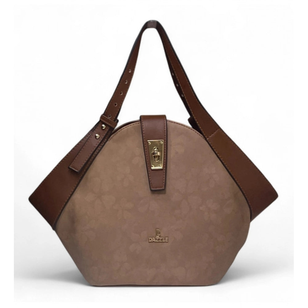 Generic Women's Polyurethane Floral Printed Hexagonal Satchel Handbag with Adjustable Strap (Brown)