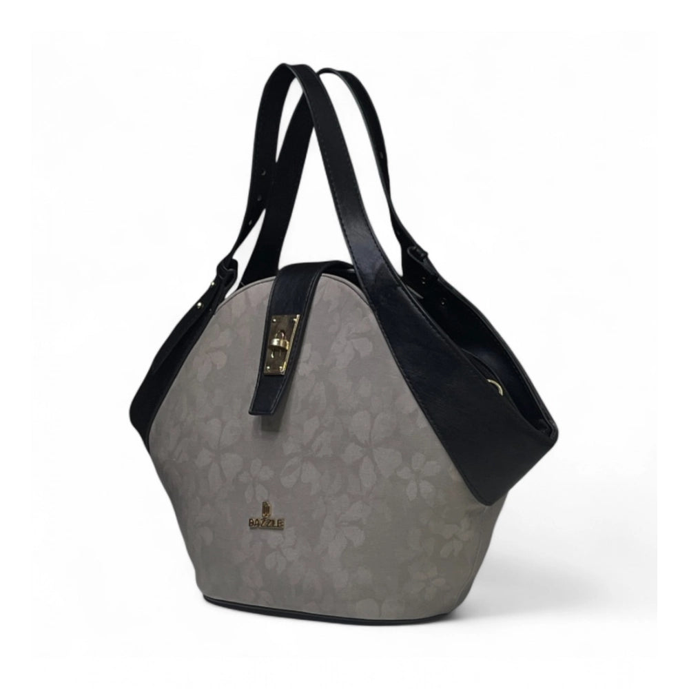 Generic Women's Polyurethane Floral Printed Hexagonal Satchel Handbag with Adjustable Strap (Grey)