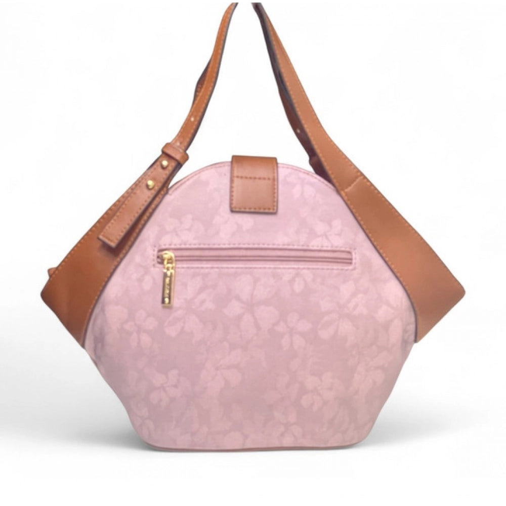 Generic Women's Polyurethane Floral Printed Hexagonal Satchel Handbag with Adjustable Strap (Pink)