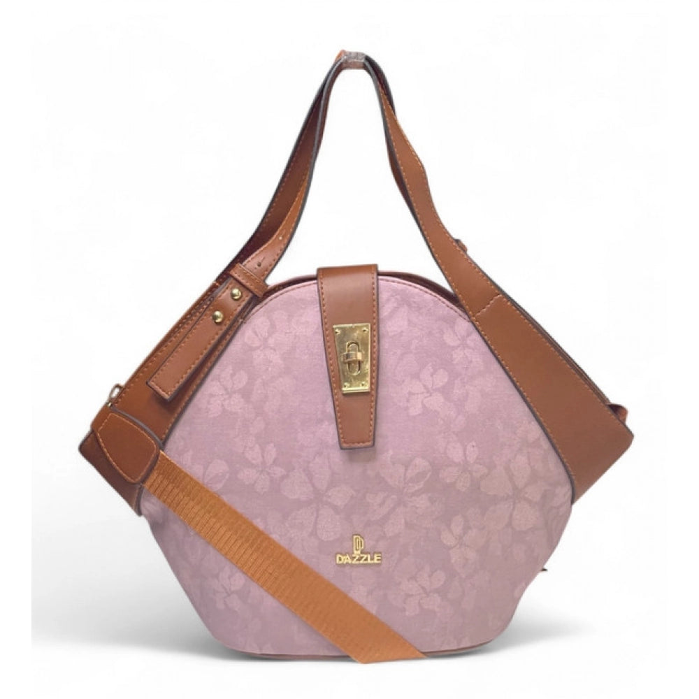 Generic Women's Polyurethane Floral Printed Hexagonal Satchel Handbag with Adjustable Strap (Pink)