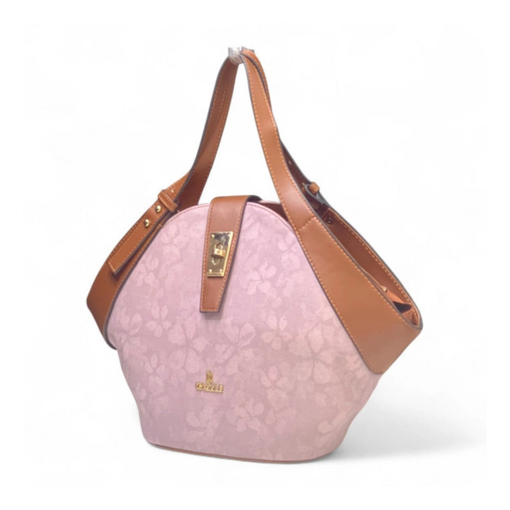 Generic Women's Polyurethane Floral Printed Hexagonal Satchel Handbag with Adjustable Strap (Pink)