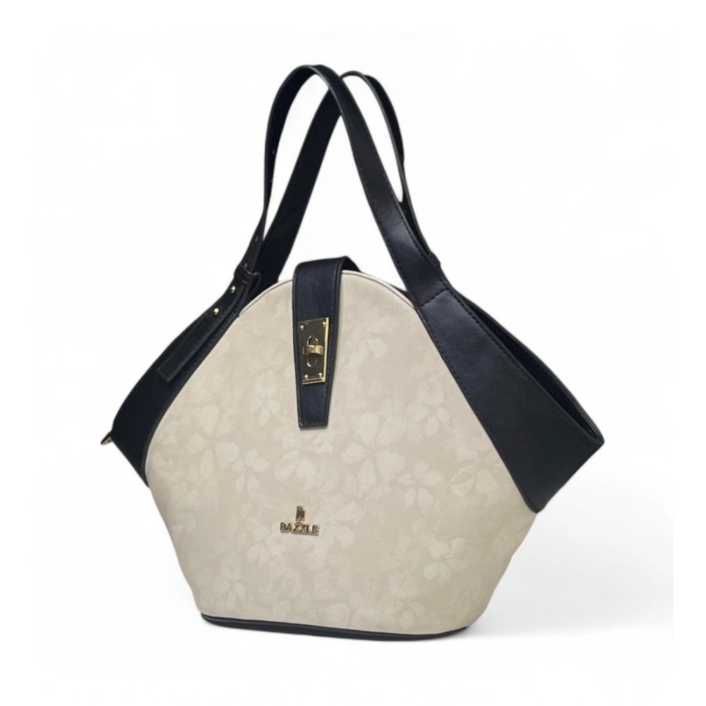 Generic Women's Polyurethane Floral Printed Hexagonal Satchel Handbag with Adjustable Strap (White)