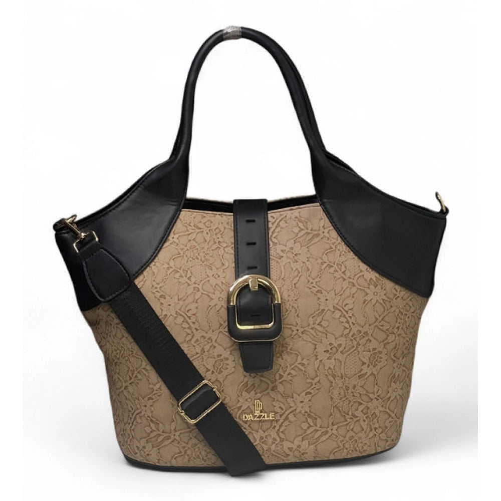 Generic Women's Polyurethane Textured Two-Tone Tote Handbag with Adjustable &amp; Removable Strap (Beige)