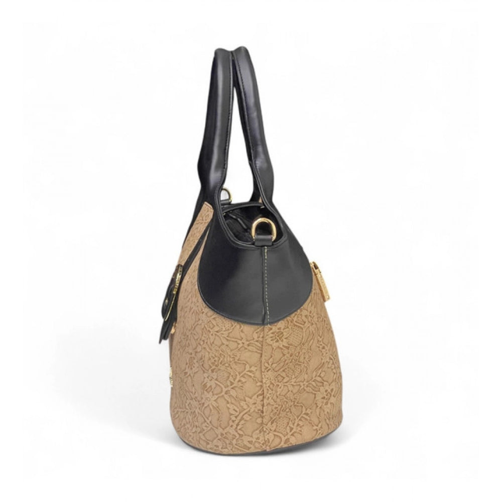 Generic Women's Polyurethane Textured Two-Tone Tote Handbag with Adjustable &amp; Removable Strap (Beige)