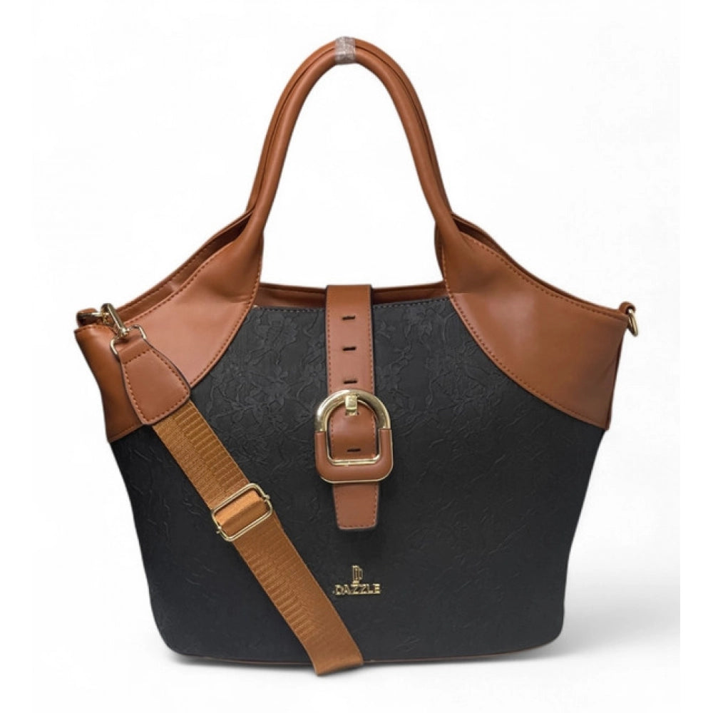 Generic Women's Polyurethane Textured Two-Tone Tote Handbag with Adjustable &amp; Removable Strap (Black-Tan)