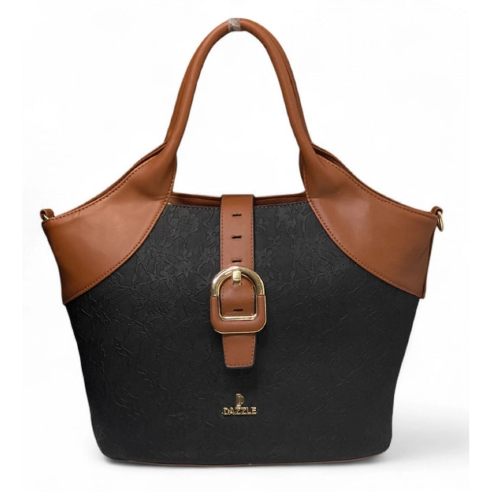 Generic Women's Polyurethane Textured Two-Tone Tote Handbag with Adjustable &amp; Removable Strap (Black-Tan)