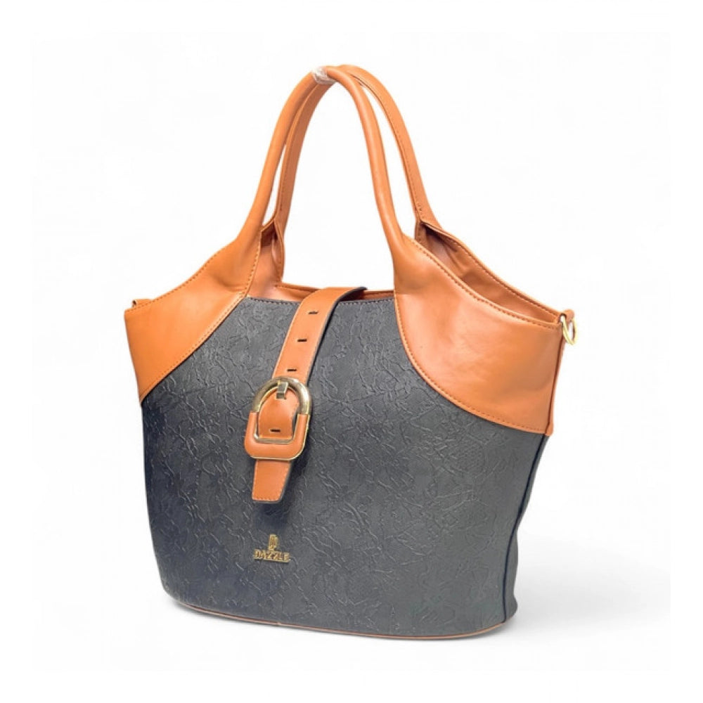 Generic Women's Polyurethane Textured Two-Tone Tote Handbag with Adjustable &amp; Removable Strap (Black-Tan)