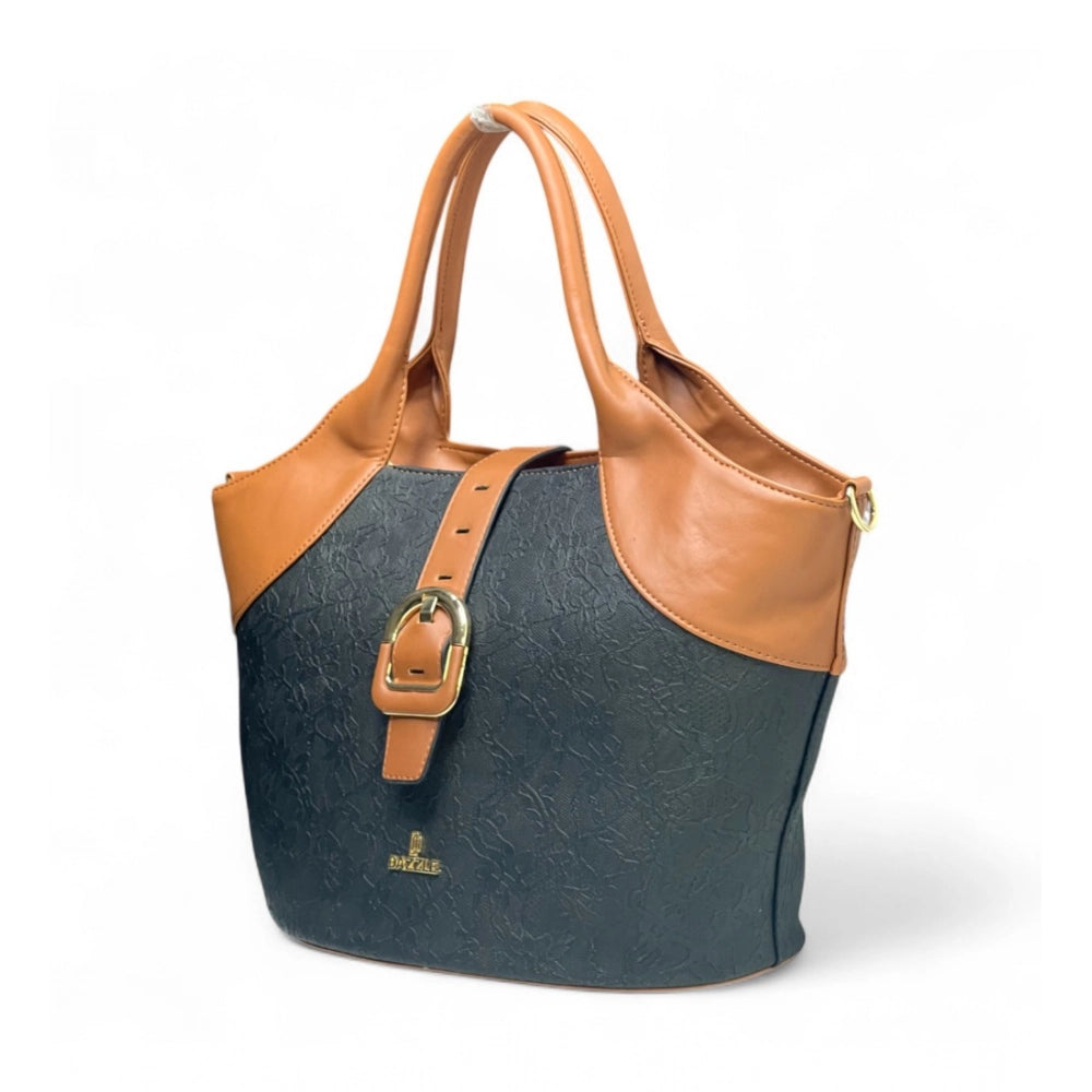 Generic Women's Polyurethane Textured Two-Tone Tote Handbag with Adjustable &amp; Removable Strap (Black-Tan)