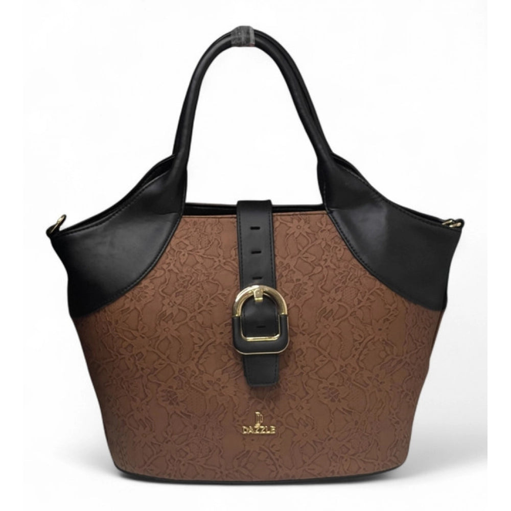 Generic Women's Polyurethane Textured Two-Tone Tote Handbag with Adjustable &amp; Removable Strap (Brown)