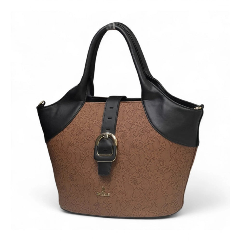 Generic Women's Polyurethane Textured Two-Tone Tote Handbag with Adjustable &amp; Removable Strap (Brown)