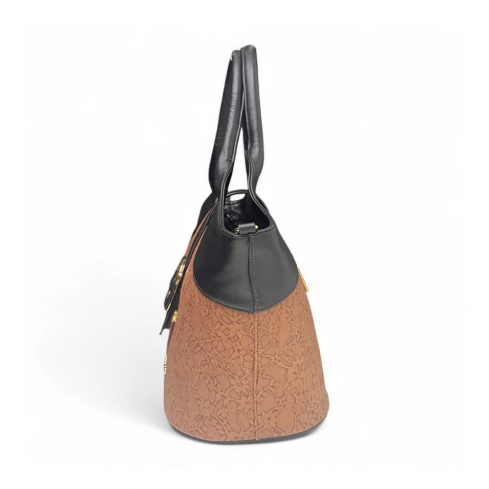 Generic Women's Polyurethane Textured Two-Tone Tote Handbag with Adjustable &amp; Removable Strap (Brown)
