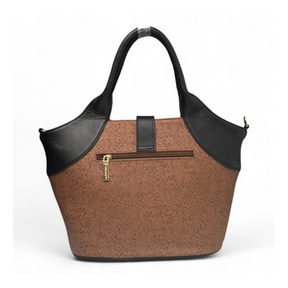 Generic Women's Polyurethane Textured Two-Tone Tote Handbag with Adjustable &amp; Removable Strap (Brown)