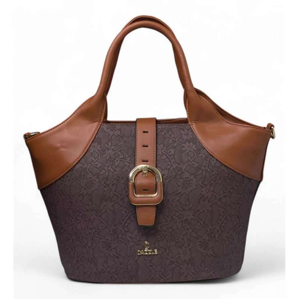 Generic Women's Polyurethane Textured Two-Tone Tote Handbag with Adjustable &amp; Removable Strap (Dark Brown)