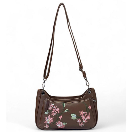 Generic Women's Polyurethane Floral Embroidered Crossbody Sling Bag with Adjustable &amp; Removable Strap (Brown)