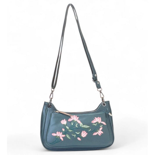 Generic Women's Polyurethane Floral Embroidered Crossbody Sling Bag with Adjustable &amp; Removable Strap (Light Blue)
